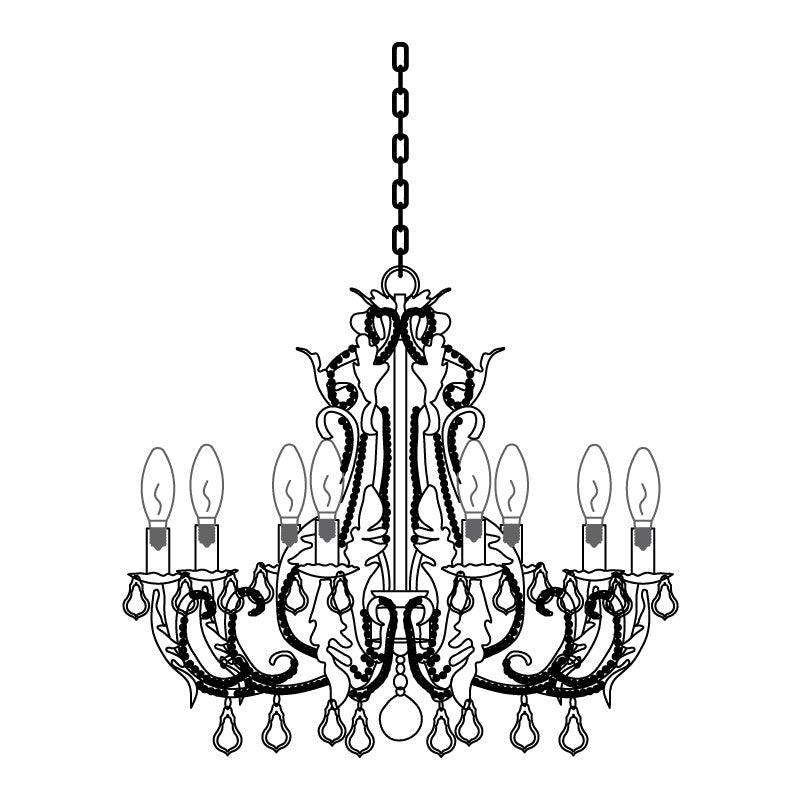 Line drawing of this Clérachic chandelier in black outline, showing its chain, scrolled arms, candle sleeves and crystal drops.