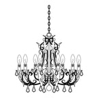 Line drawing of this Clérachic chandelier in black outline, showing its chain, scrolled arms, candle sleeves and crystal drops.