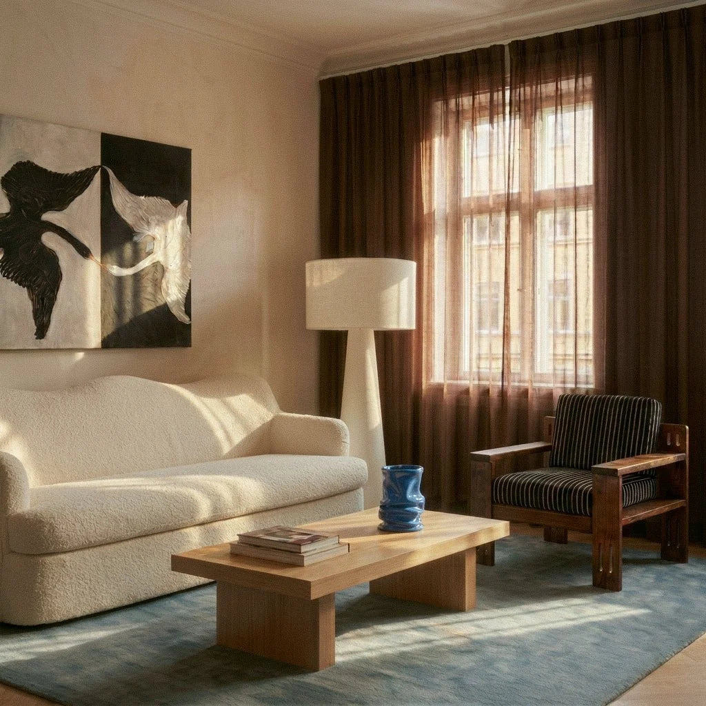 Clérachic tall white drum shade floor lamp beside a cream bouclé sofa, brown sheer curtains and a low oak coffee table.