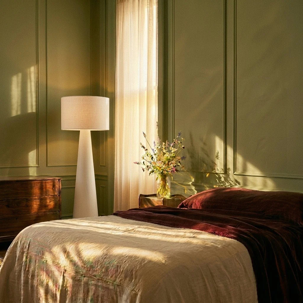 Clérachic white drum shade floor lamp in a bedroom with sage panelled walls, a sheer curtain, wildflowers and a wooden chest.