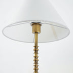 Close view up inside the white fabric shade of this Clérachic wall light, showing the brass socket and ridged stem.