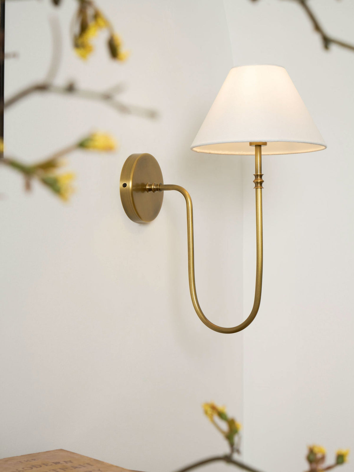 Brass Clérachic wall light with a lit white shade on a pale wall, framed by blossom branches with yellow buds.