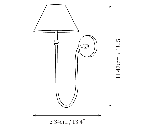 Clérachic wall light dimension drawing, every measurement marked in centimetres and inches.