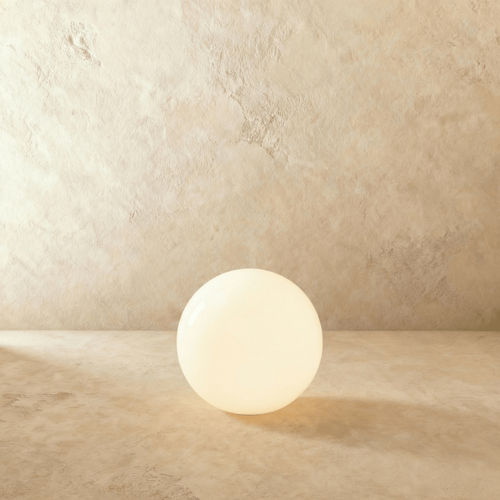 This Clérachic sphere floor lamp glows warm and bright, its light spreading across the plaster floor.