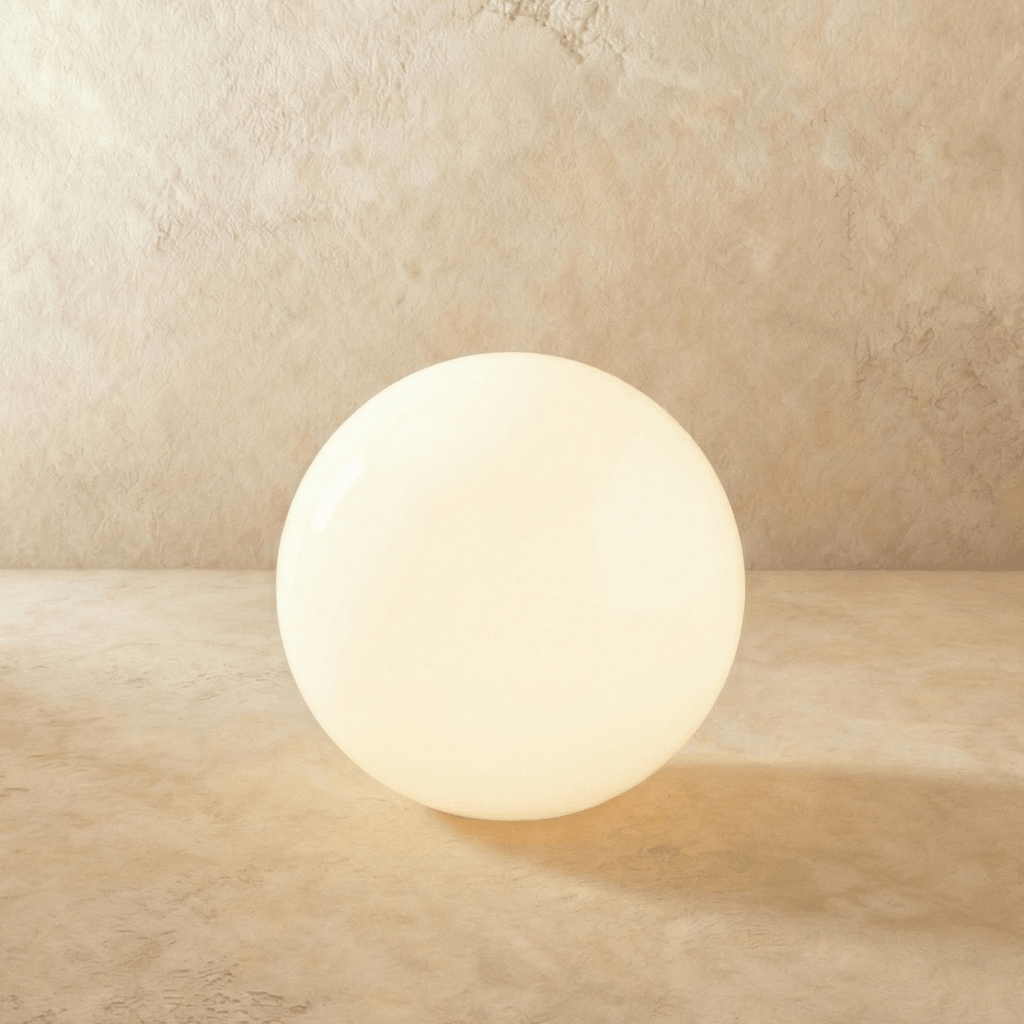 A large Clérachic sphere floor lamp glows warm at its base, set against a sandy plaster backdrop.