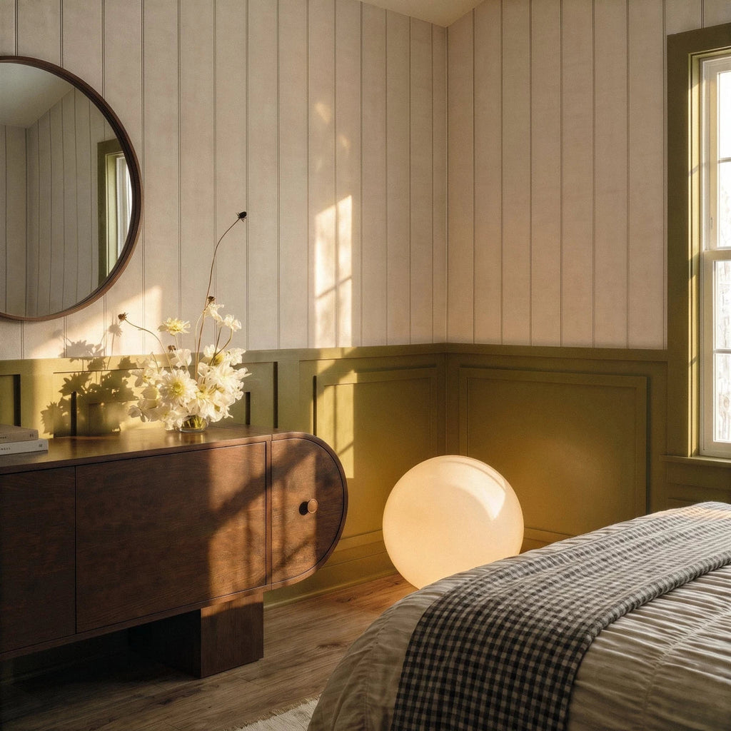 A lit Clérachic sphere floor lamp glows beside a wood dresser in a green-panelled bedroom with fresh flowers.