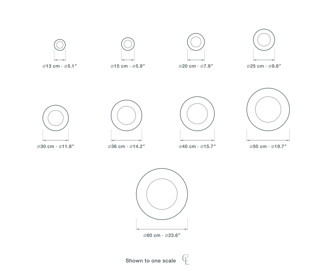 Technical dimension drawing of the Clérachic White Floor Lamp for Living Room, Glowing Sphere, 36 cm in 9 sizes — 13 cm (5.1″) across, 15 cm (5.9″) across, 20 cm (7.9″) across, 25 cm (9.8″) across, 30 cm (11.8″) across, 36 cm (14.2″) across, 40 cm (15.7″) across, 50 cm (19.7″) across, 60 cm (23.6″) across, drawn to one scale.