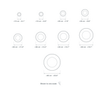 Technical dimension drawing of the Clérachic White Floor Lamp for Living Room, Glowing Sphere, 36 cm in 9 sizes — 13 cm (5.1″) across, 15 cm (5.9″) across, 20 cm (7.9″) across, 25 cm (9.8″) across, 30 cm (11.8″) across, 36 cm (14.2″) across, 40 cm (15.7″) across, 50 cm (19.7″) across, 60 cm (23.6″) across, drawn to one scale.
