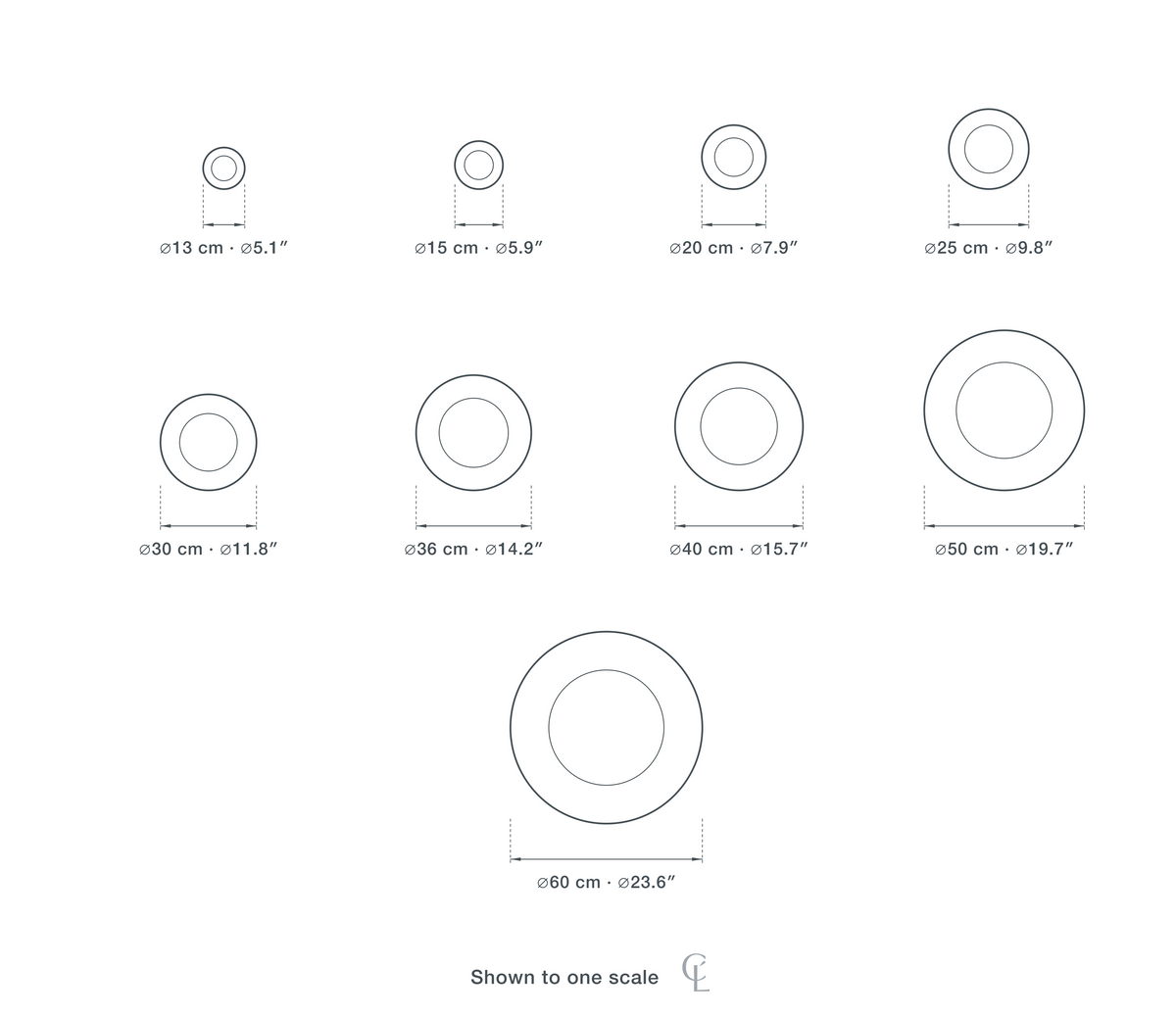 Technical dimension drawing of the Clérachic White Floor Lamp for Living Room, Glowing Sphere, 36 cm in 9 sizes — 13 cm (5.1″) across, 15 cm (5.9″) across, 20 cm (7.9″) across, 25 cm (9.8″) across, 30 cm (11.8″) across, 36 cm (14.2″) across, 40 cm (15.7″) across, 50 cm (19.7″) across, 60 cm (23.6″) across, drawn to one scale.