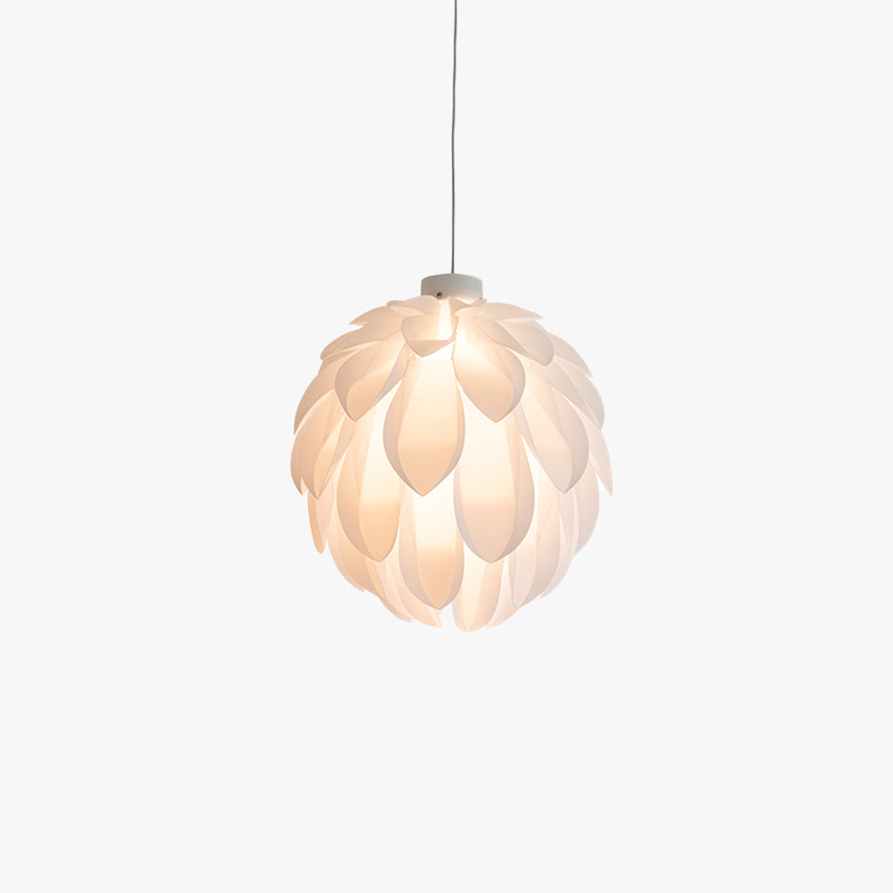 Clérachic White Flower Pendant Light, layered white petals forming a glowing globe on a thin grey cord.