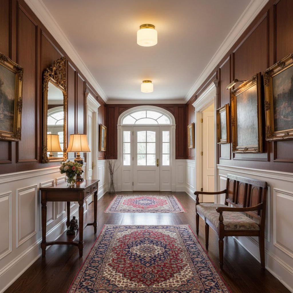 Two small Clérachic ceiling lights in a long wood-panelled hallway, with a patterned runner rug leading to an arched front door.