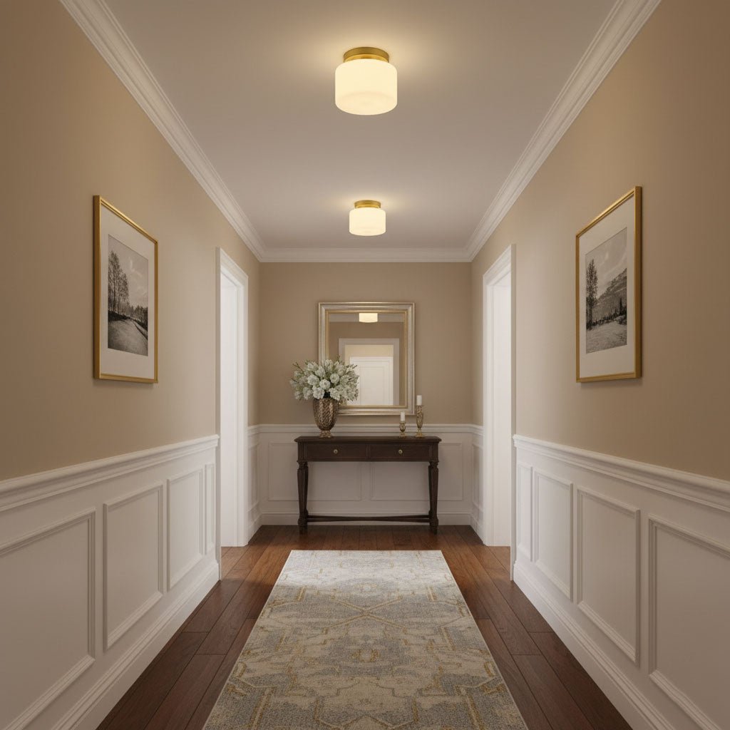 Warm light from two Clérachic flush-mount lights along a beige hallway with white wainscoting, a console table and framed prints at the end.