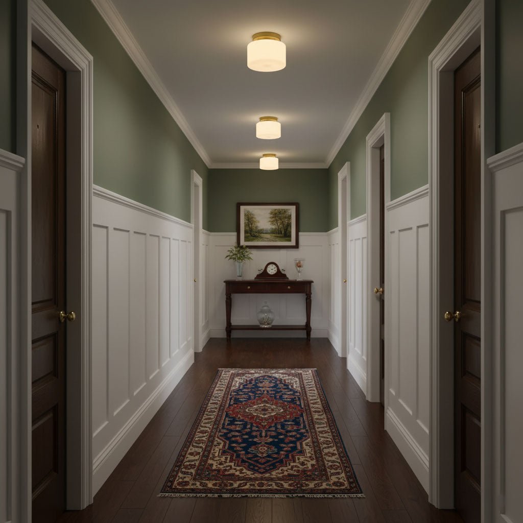 Three Clérachic flush-mount lights run down a sage-green hallway with white panelling, dark doors and a blue-patterned runner.