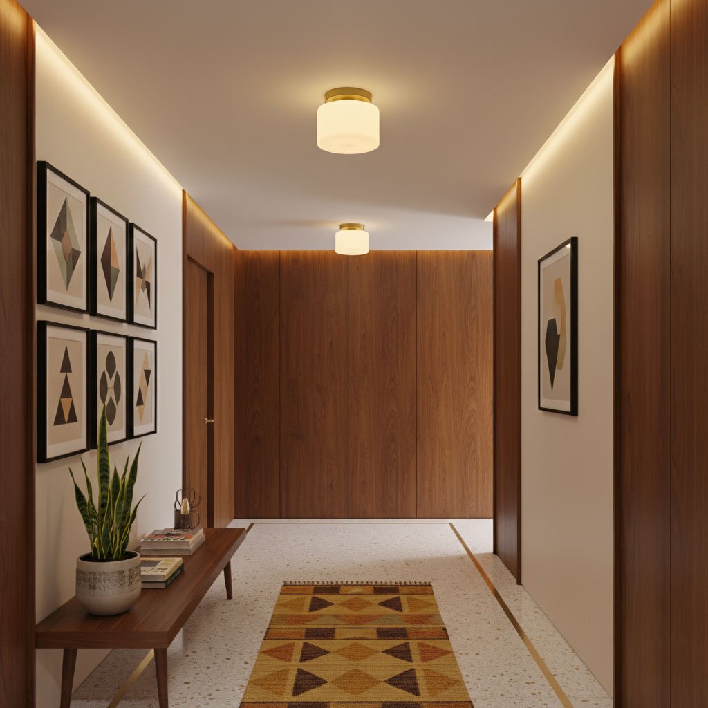One of two Clérachic flush-mount lights lighting a corridor lined with walnut panelling, a warm cove glow and a wall of geometric prints.