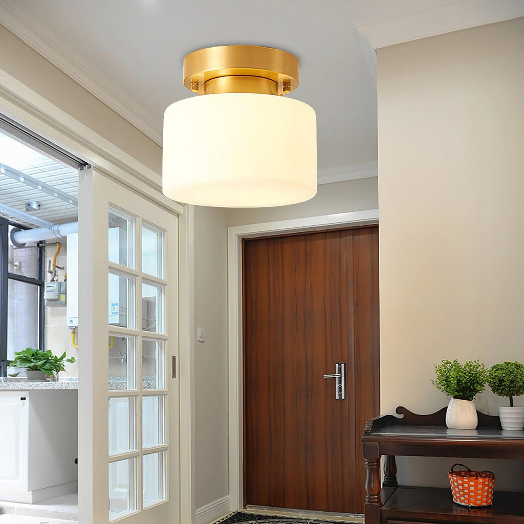 Close view of this Clérachic flush-mount light above a doorway, with a dark wood door, glazed panels and a small console with plants below.