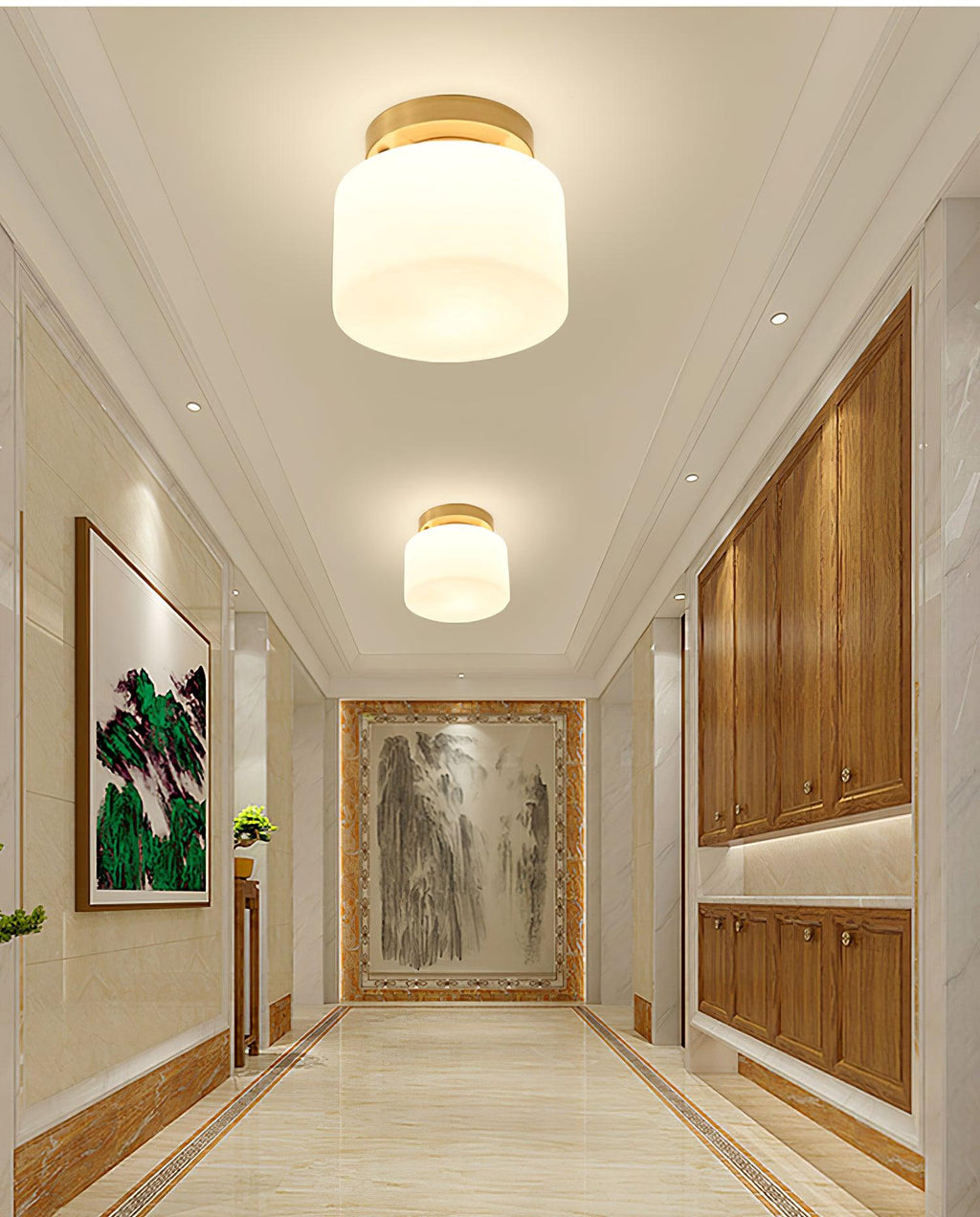 Two Clérachic flush-mount lights along a bright corridor with recessed spotlights, wood cabinetry and a large landscape painting at the end.
