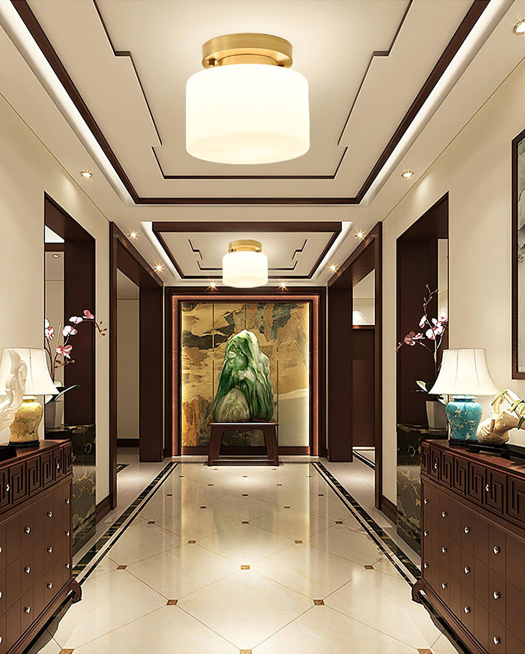 A Clérachic flush-mount light in a hallway with dark wood panelling and a patterned marble floor, with a second fixture further down.