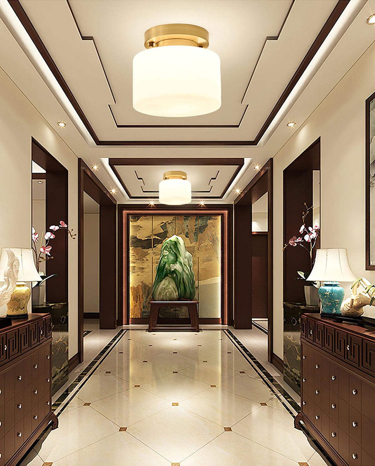 A Clérachic flush-mount light in a hallway with dark wood panelling and a patterned marble floor, with a second fixture further down.