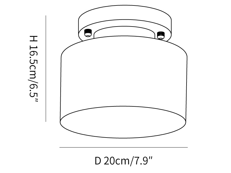 Clérachic ceiling light dimension drawing, every measurement marked in centimetres and inches.