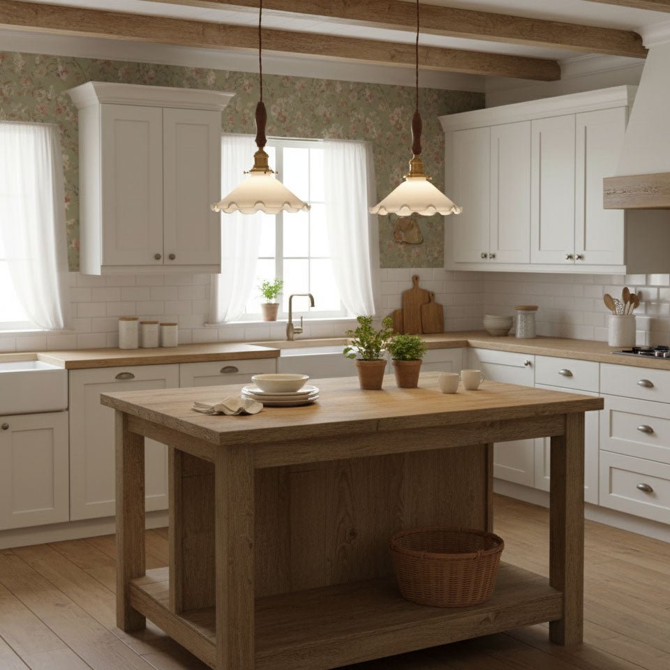 Two Clérachic pendant lights with ruffled-edge shades hang in a white country kitchen above a rustic oak island and a woven basket.