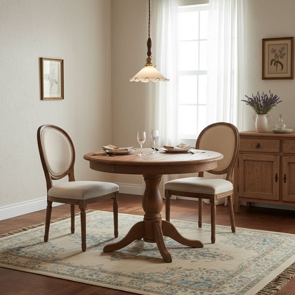 Hung low over a small round table with two oval-backed chairs, this Clérachic pendant light lights a corner with sheer curtains.