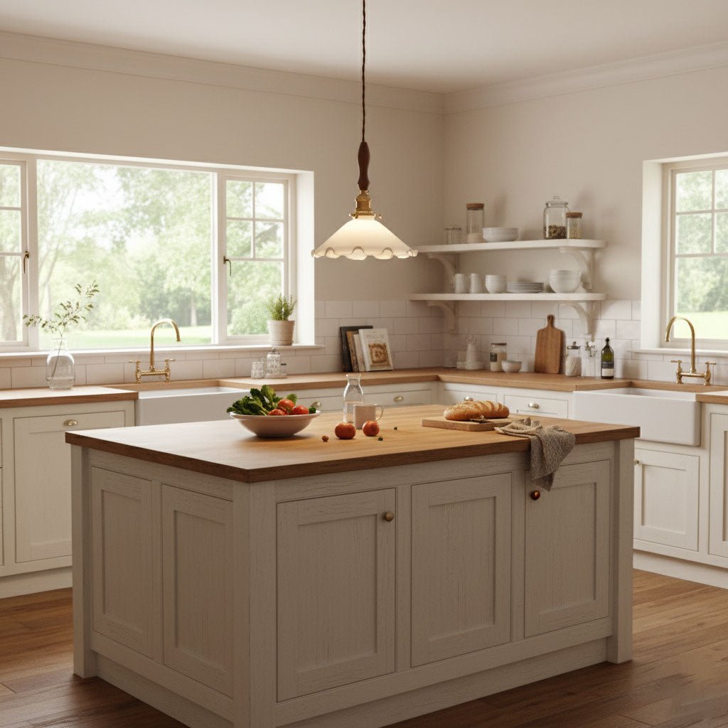A Clérachic pendant light hangs over a cream island in a bright kitchen with a window onto a garden.