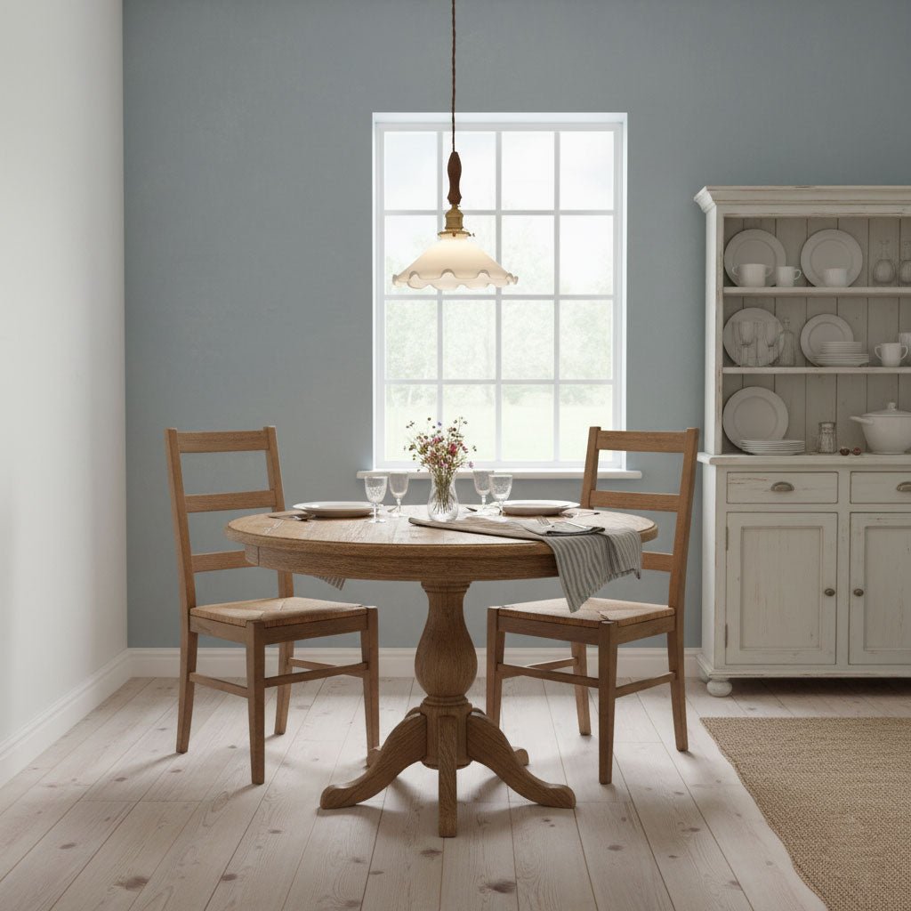 Against a blue-grey wall, this Clérachic pendant light hangs over a round oak table with rush-seat chairs and a painted dresser.