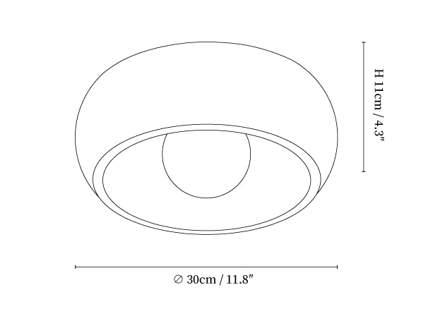 Clérachic ceiling light dimension drawing, every measurement marked in centimetres and inches.