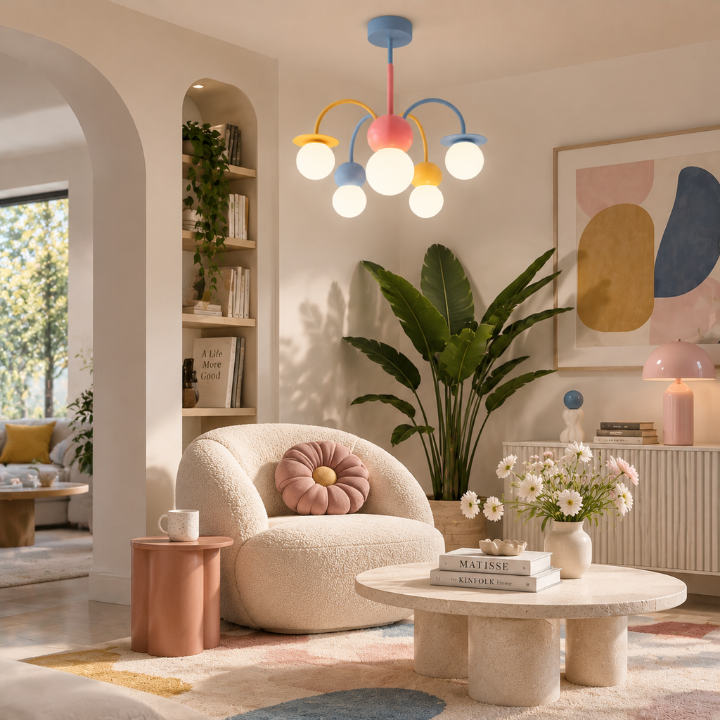 Pastel globe chandelier from Clérachic above a cream boucle armchair and a low stone coffee table in a living room with a large plant.