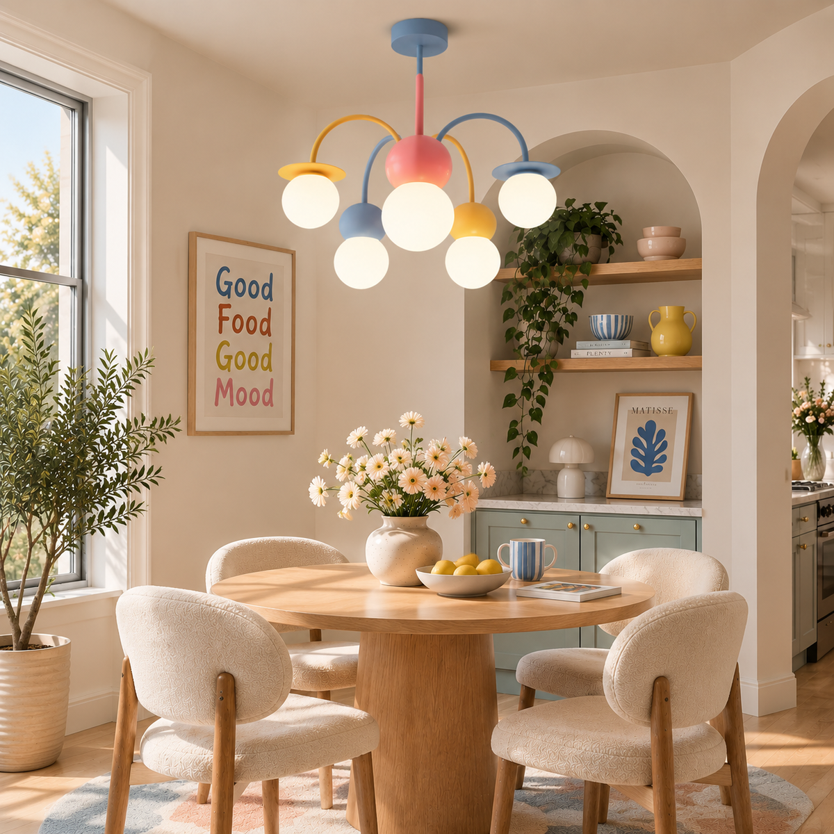 A Clérachic chandelier with coloured arms and white globes hangs over a round wooden dining table set with cream chairs and spring flowers.