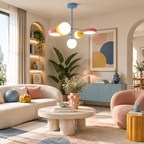 Flat-disc version of this Clérachic chandelier with pink rings and white globes, hanging above a curved cream sofa and a pink armchair.