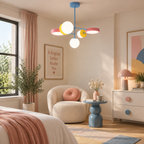 Bedroom corner lit by this Clérachic chandelier, its pink discs and white globes hanging beside a blush throw and a cream armchair.