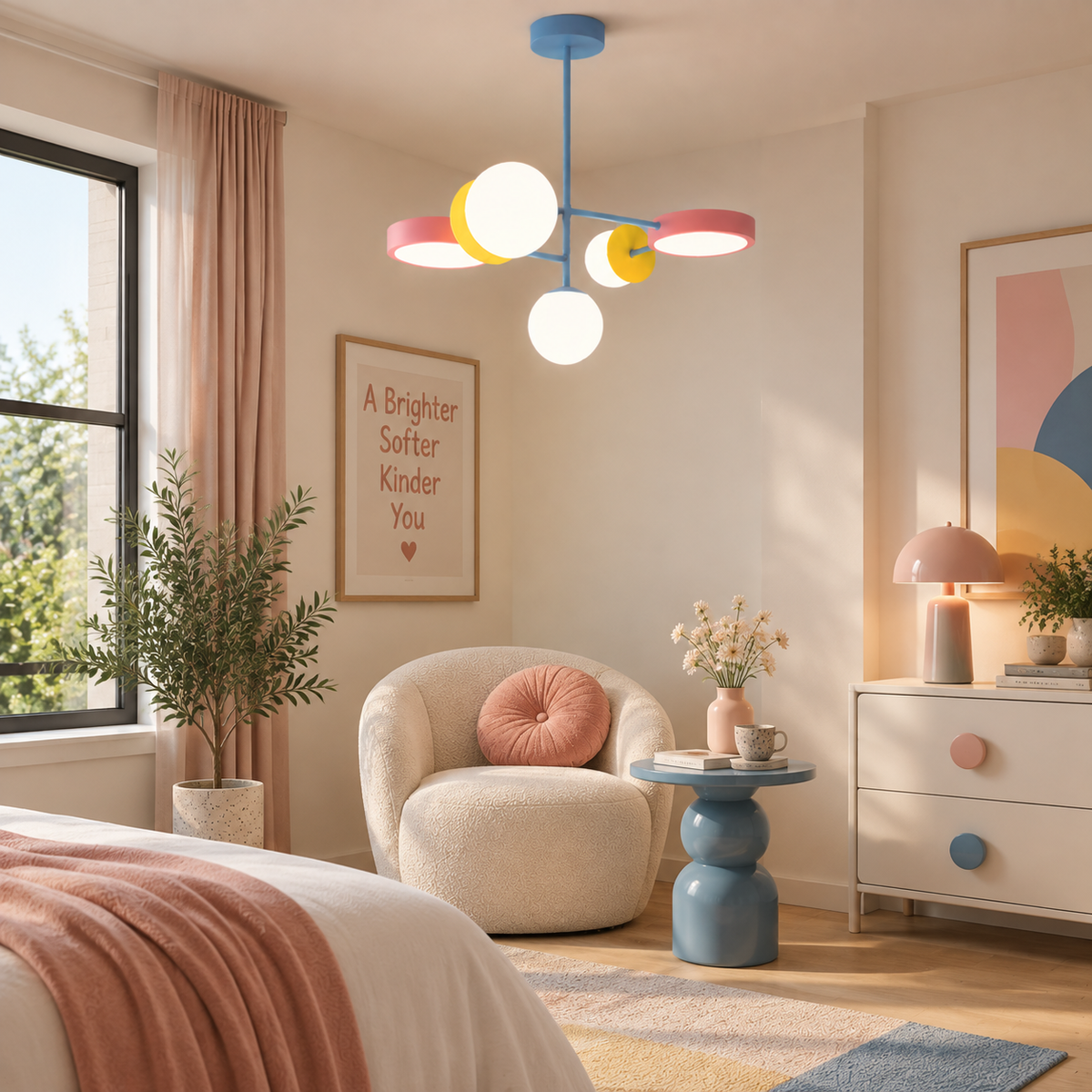 Bedroom corner lit by this Clérachic chandelier, its pink discs and white globes hanging beside a blush throw and a cream armchair.