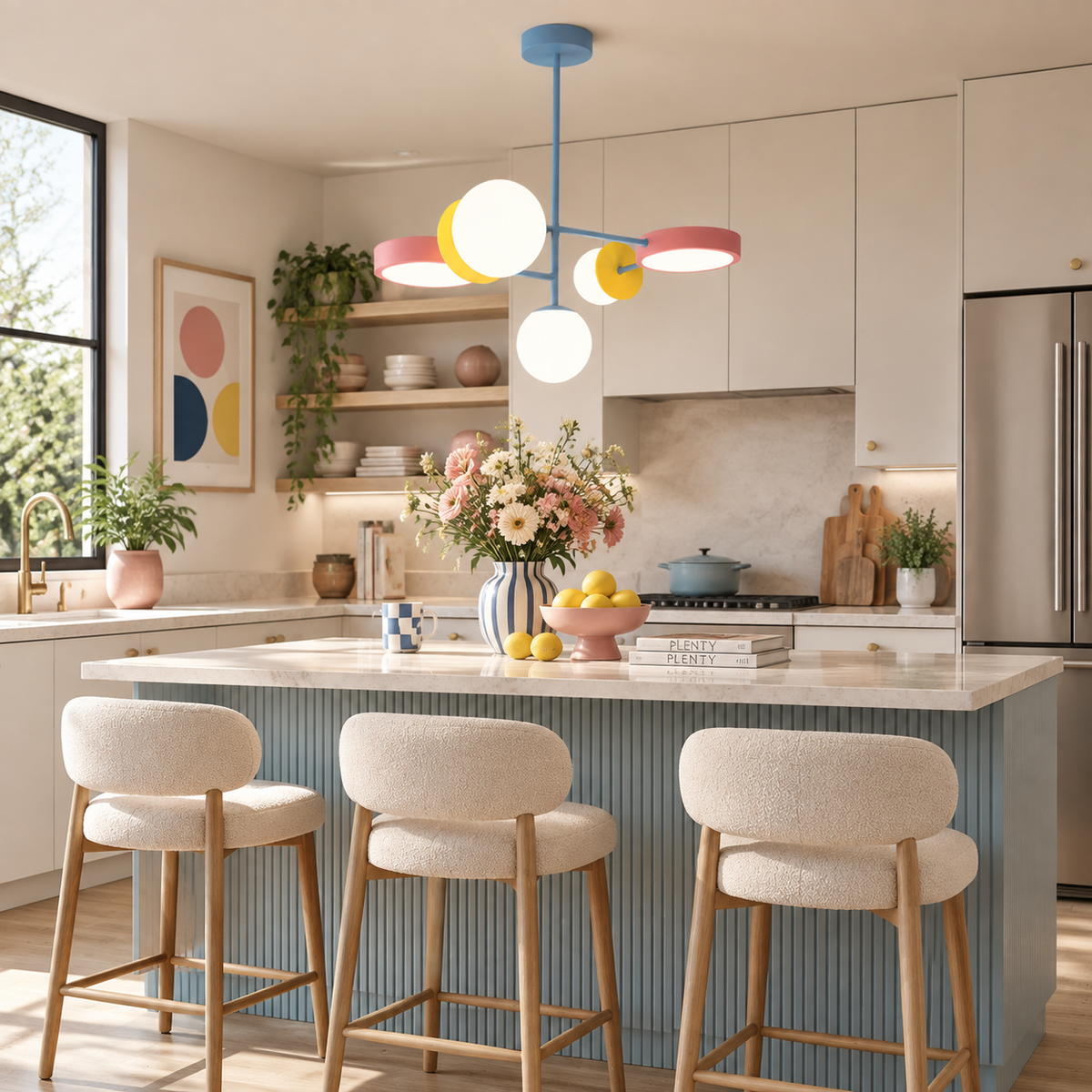 This Clérachic chandelier hangs above a pale blue kitchen island with three cream bar stools, a bowl of lemons and a vase of flowers.