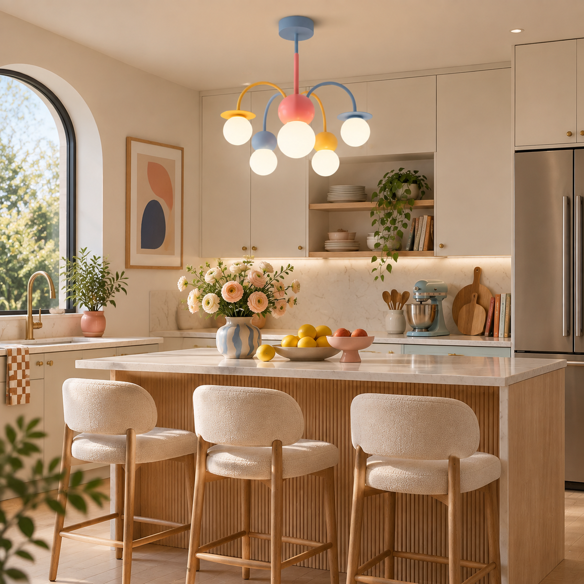 Coloured-arm Clérachic chandelier over a light wood kitchen island with cream stools, lemons in a bowl and a tall arched window beyond.