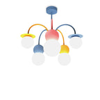 Cut-out of this Clérachic chandelier in its lit state, with a blue canopy, curved arms in orange and blue and soft white globes on white.