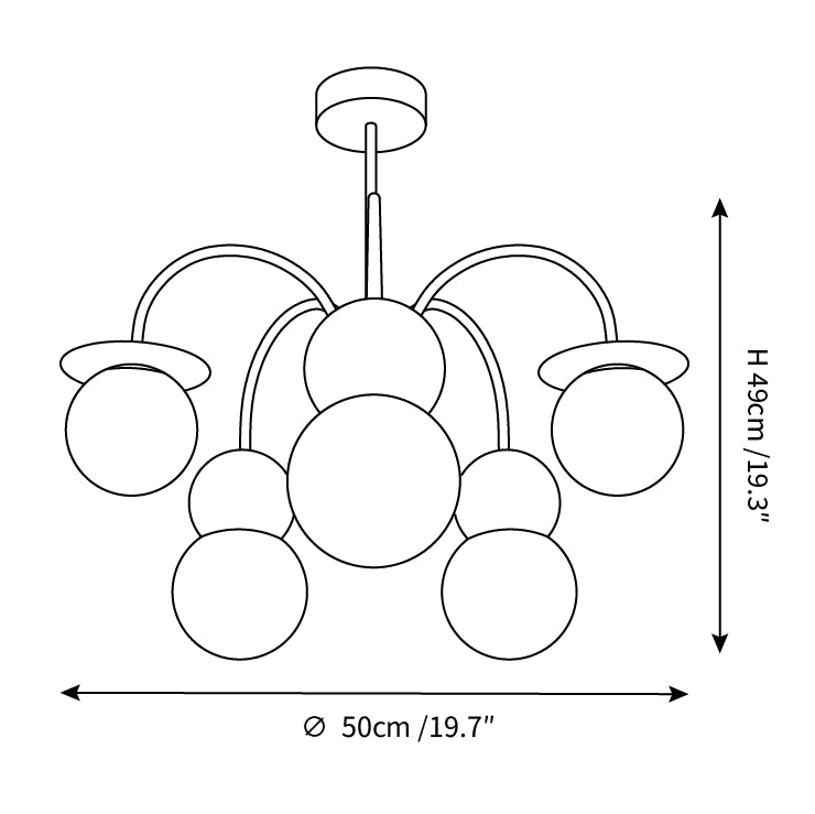 Clérachic chandelier dimension drawing, 1 of 3, every measurement marked in centimetres and inches.