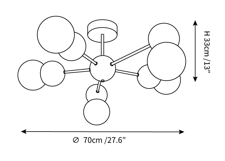 Clérachic chandelier dimension drawing, 2 of 3, every measurement marked in centimetres and inches.