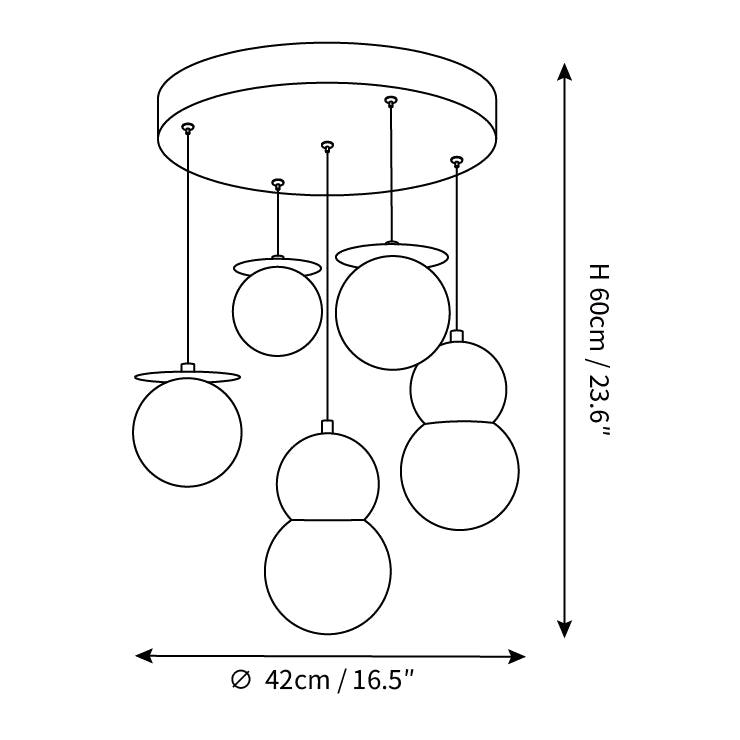 Clérachic chandelier dimension drawing, 3 of 3, every measurement marked in centimetres and inches.