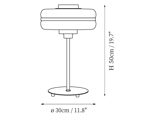 Dimension drawing of this Clérachic table lamp, with its 50 cm height and 30 cm base width marked.