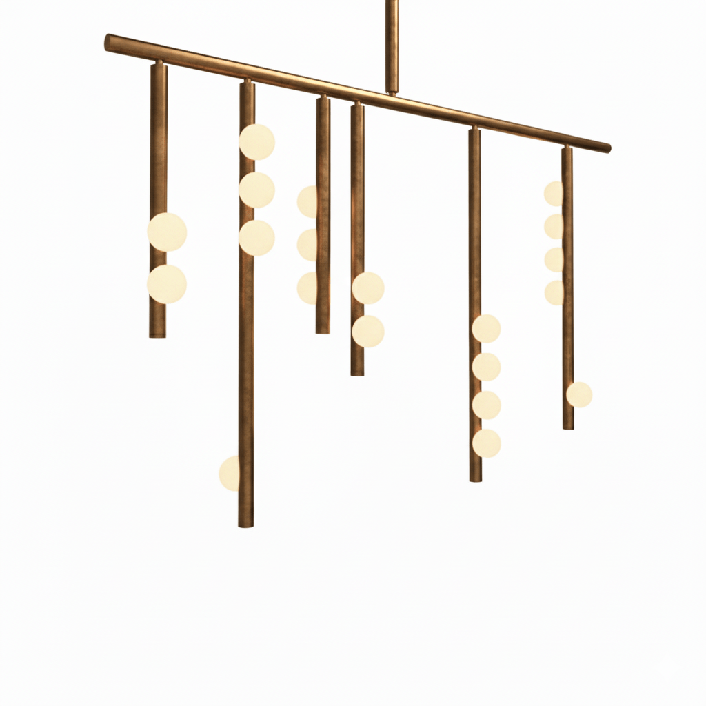 Close view of the dark bronze bar and drop rods on this Clérachic chandelier, with white orbs glowing.