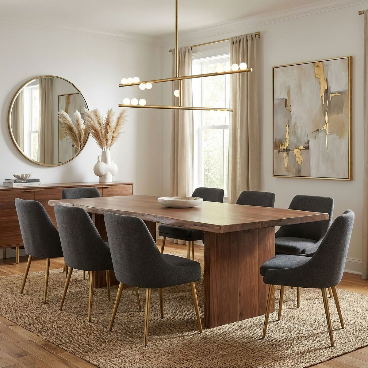 Over a live-edge wooden dining table, a Clérachic linear pendant with brass bars and white orbs sits in front of a round mirror.