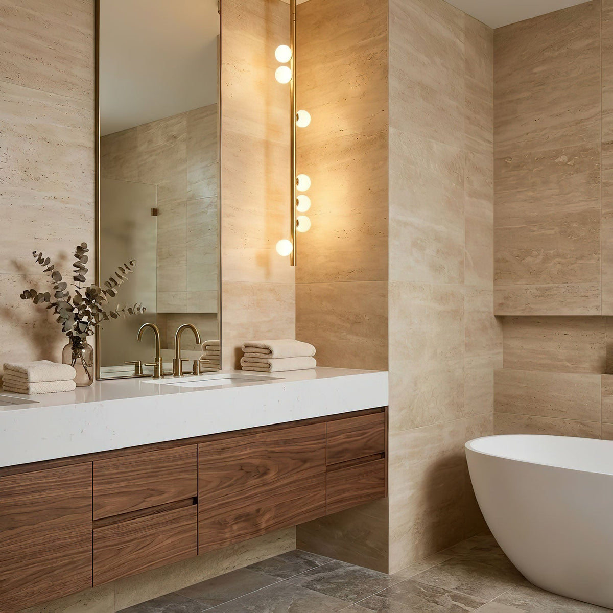 In a stone-tiled bathroom, a Clérachic pendant rod with a column of lit white orbs hangs beside a long mirror above a wooden vanity.