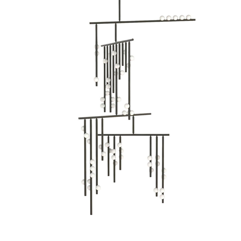 Black version of this Clérachic chandelier, with its bars and white orbs shown on a plain white backdrop.
