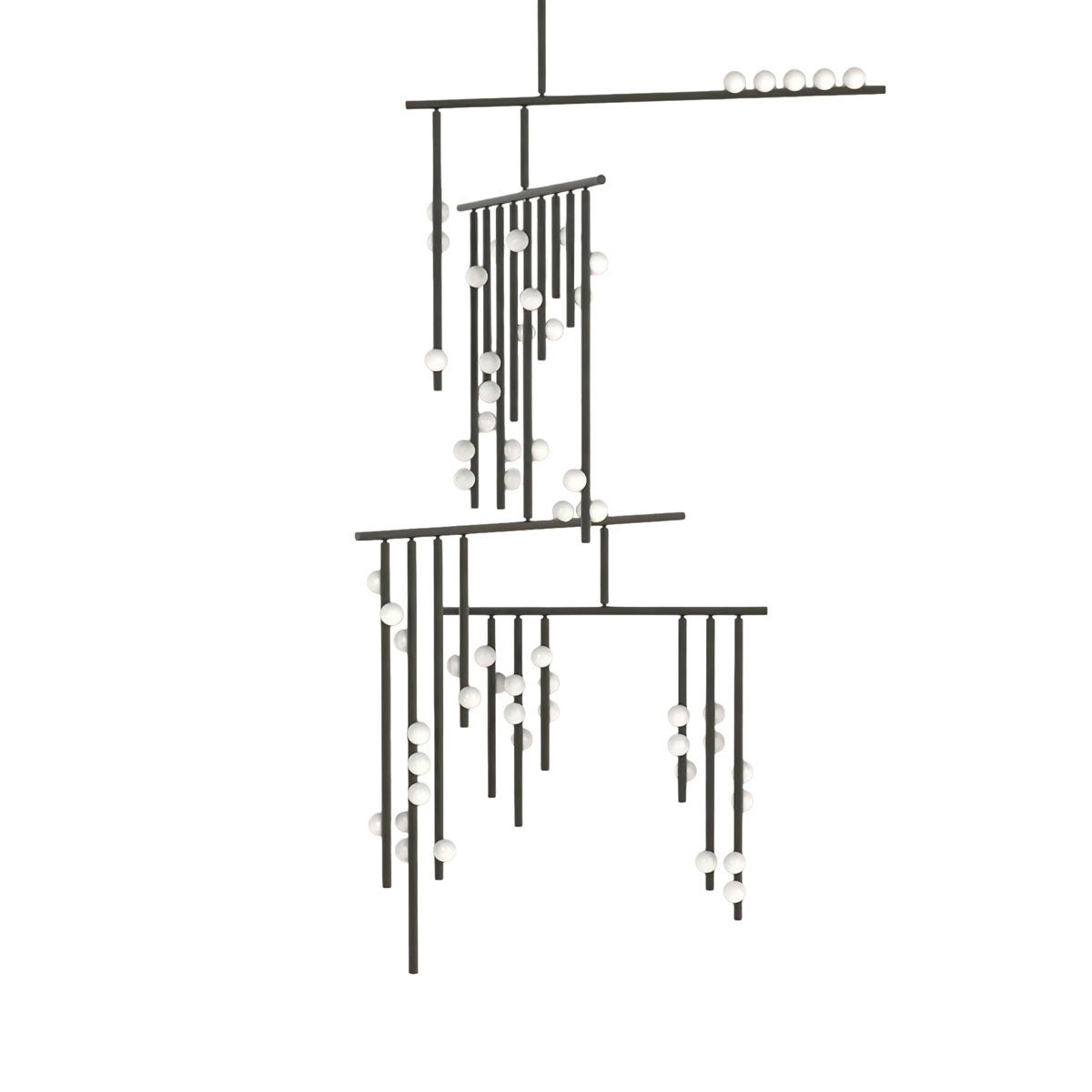 Black version of this Clérachic chandelier, with its bars and white orbs shown on a plain white backdrop.