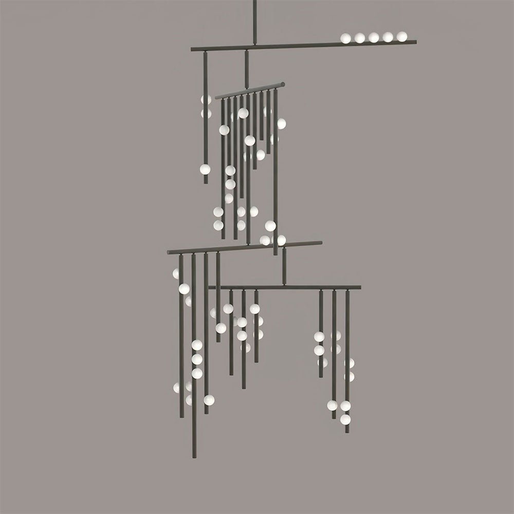 A black Clérachic chandelier with white glass orbs on a flat taupe backdrop, showing the layered bars.