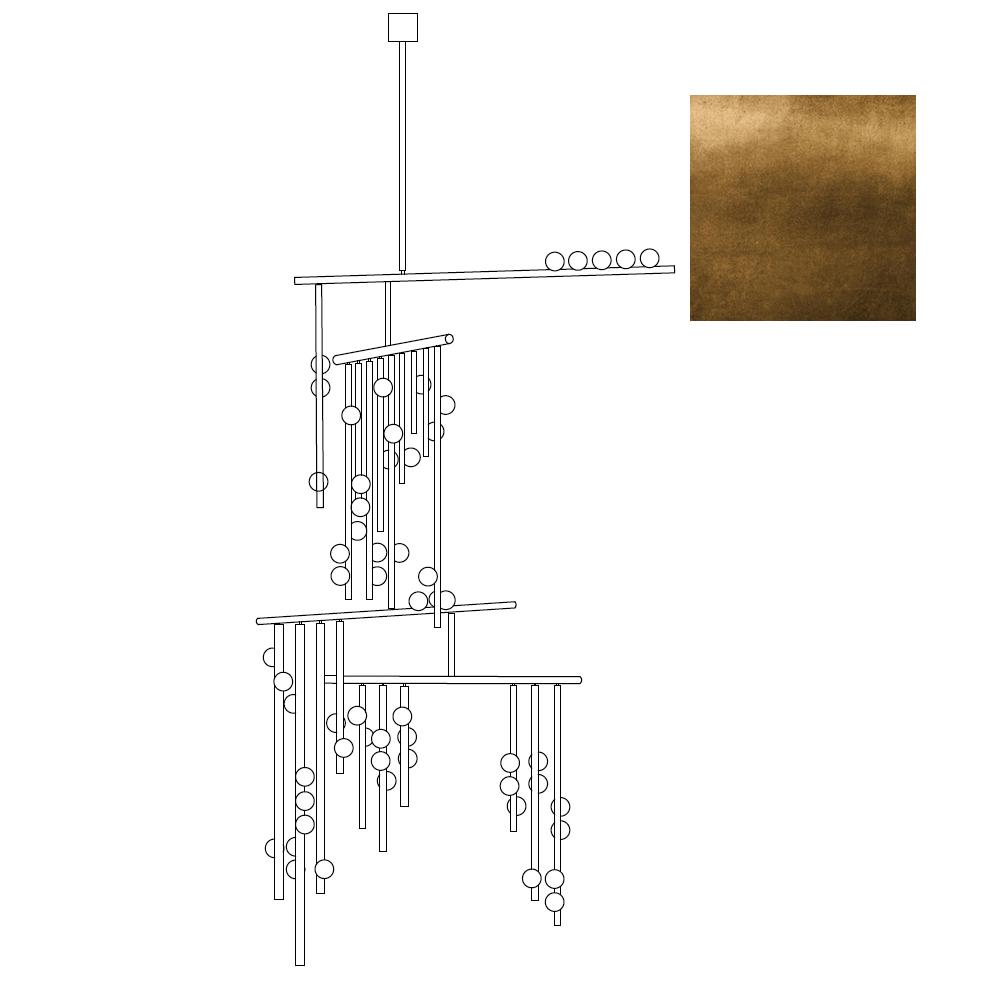 Dimension drawing of this Clérachic chandelier, with its height and width marked, shown with a brass finish swatch.