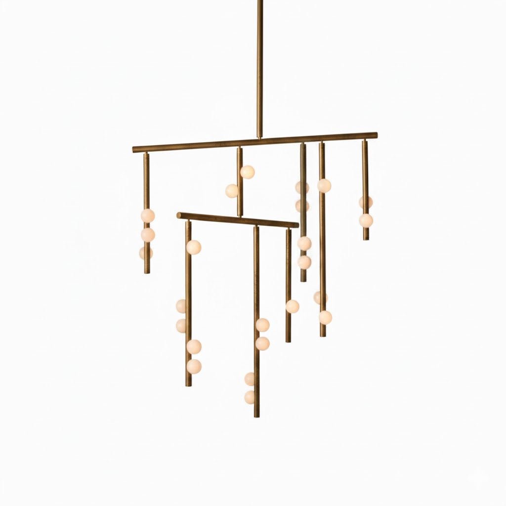 This Clérachic mobile-style chandelier in antique brass, on a white backdrop, with two bars and white orbs on its drop rods.