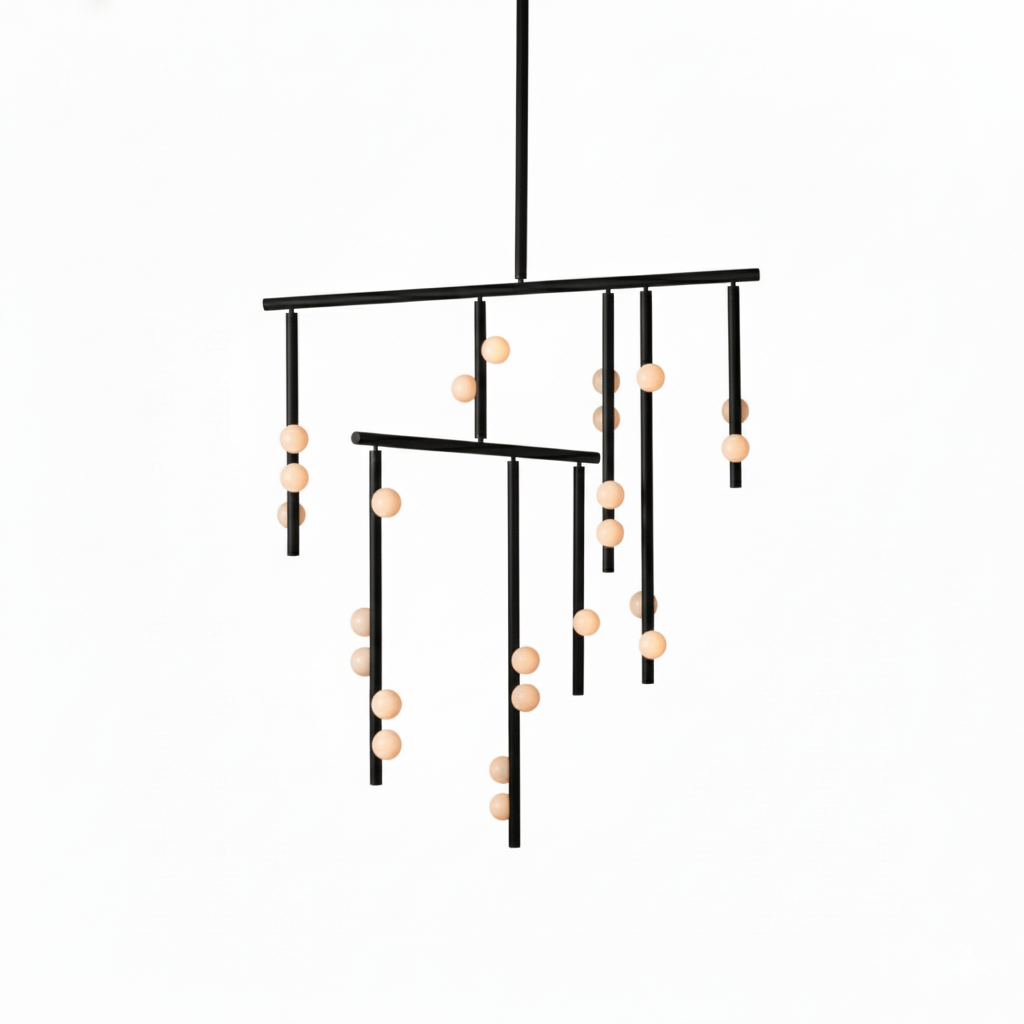 A black Clérachic chandelier with two bars and orb-tipped drop rods, on a plain white backdrop.