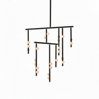 A black Clérachic chandelier with two bars and orb-tipped drop rods, on a plain white backdrop.